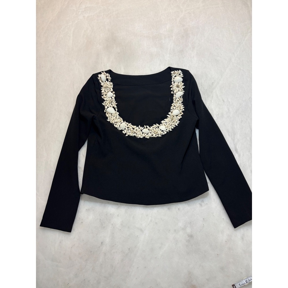 Black Long Sleeve Shell Embellished Back Scoop Neck Blouse Tailored Top size 10